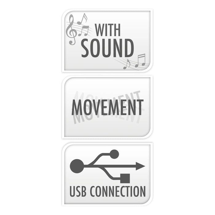 With sound, movement and USB connection feature icons