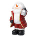 Snowman figurine in a Santa hat and padded red coat with gold trim, holding a silver lantern