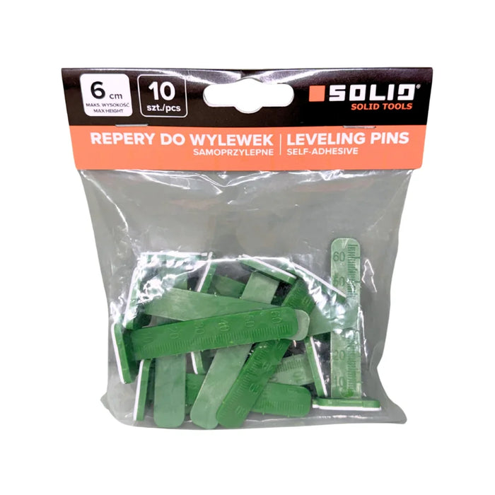 Solid self-adhesive levelling screed benchmark pegs, pack of 10, in retail packaging