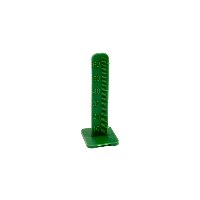 Solid self-adhesive levelling screed benchmark peg, single, showing 0–60mm height scale