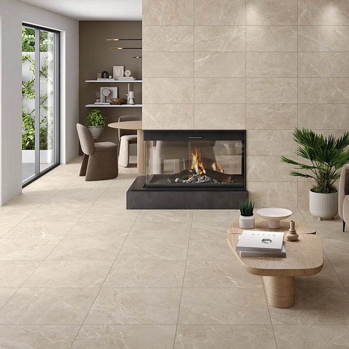 Modern living room featuring Syrah Ivory Matt Porcelain 60x60 marble-effect floor tiles with soft ivory tones and elegant veining