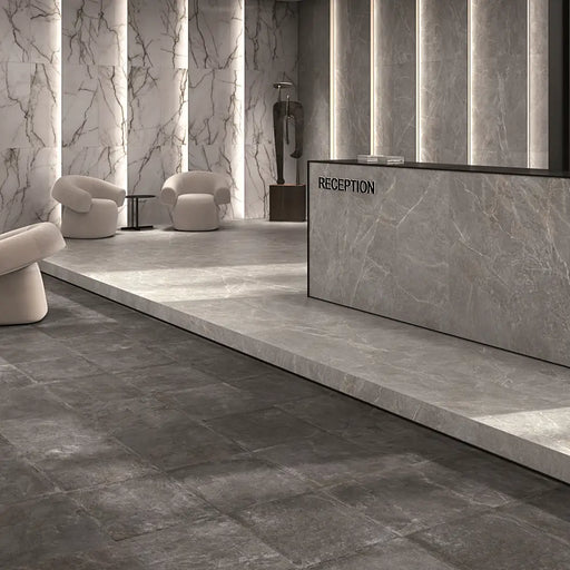 Modern commercial interior featuring Syrah Light Matt Porcelain 60x60 marble-effect floor tiles in a reception area