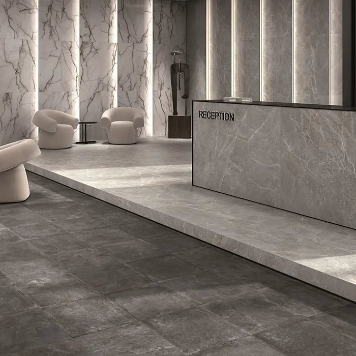 Modern commercial interior featuring Syrah Light Matt Porcelain 60x60 marble-effect floor tiles in a reception area