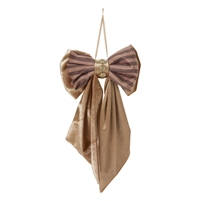 Taupe velvet-look bow with striped loops, a gold flower centre and a ribbon hanging loop