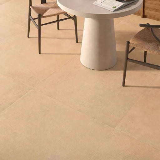 Terracota Paja porcelain tile floor in a dining room setting