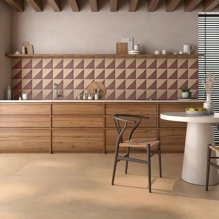 Terracota Paja porcelain tile floor in a kitchen setting with patterned backsplash tile
