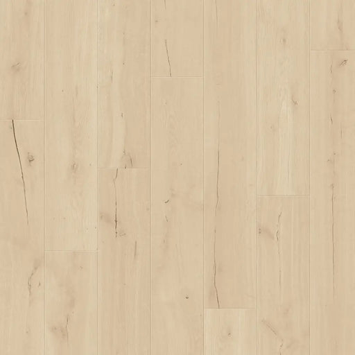 Close-up wood-grain detail of Pergo Visby Beige Claystone oak laminate flooring