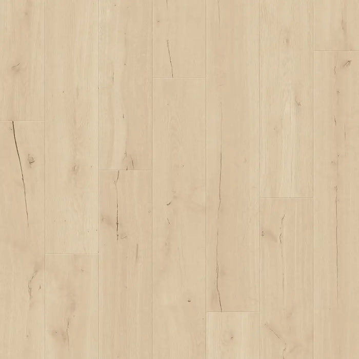 Close-up wood-grain detail of Pergo Visby Beige Claystone oak laminate flooring