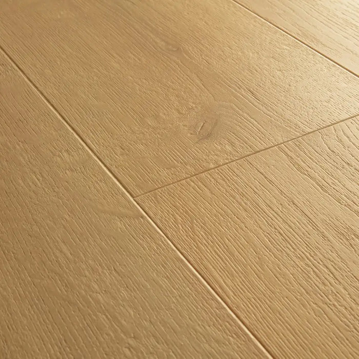 Angled close-up of Pergo Visby Smokewood oak laminate flooring grain and bevel