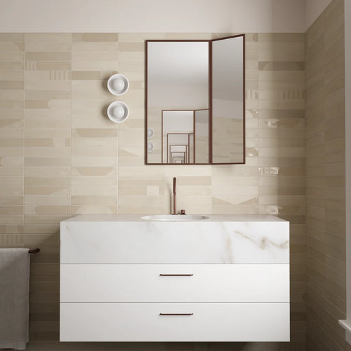 Wadi Decor Beige patterned porcelain tile installed on a feature wall