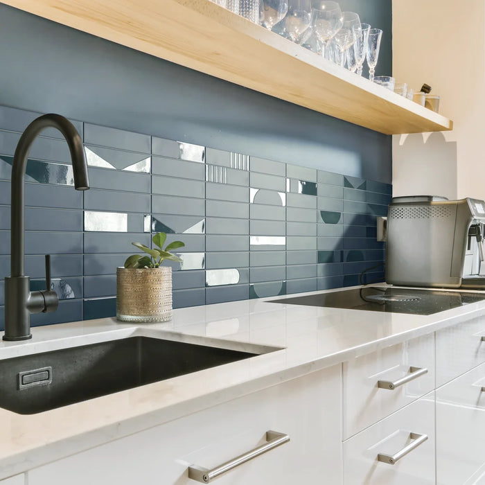 Wadi Decor Indaco patterned porcelain tile in a kitchen setting