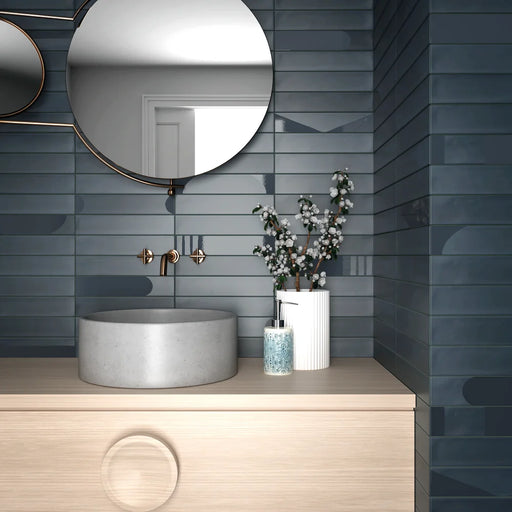 Wadi Decor Indaco patterned porcelain tile in a wide feature wall setting
