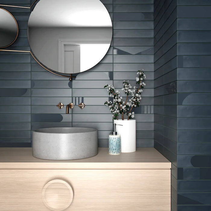 Wadi Decor Indaco patterned porcelain tile in a wide feature wall setting
