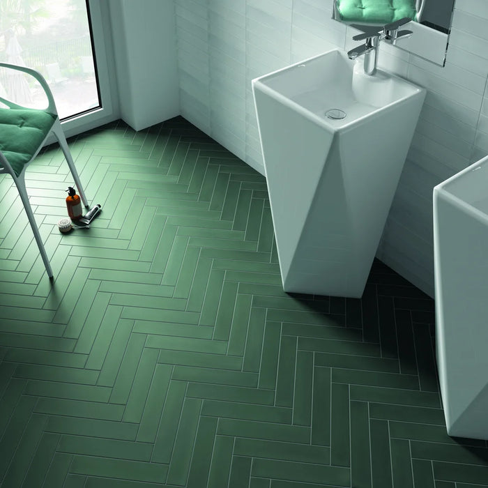 Angled view of Wadi Pine matt porcelain 6x30 wall and floor tile