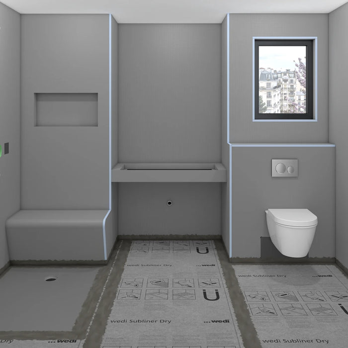 Wedi Subliner Dry sealing sheet installed in a wet room, ready for tiling