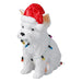 White dog figure in a Santa hat wrapped in a string of colourful Christmas lights