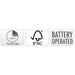 Timer, FSC certified wood, and battery operated badge icons