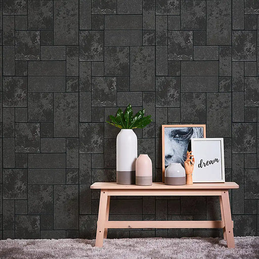 Charcoal Tile-Effect Wallpaper