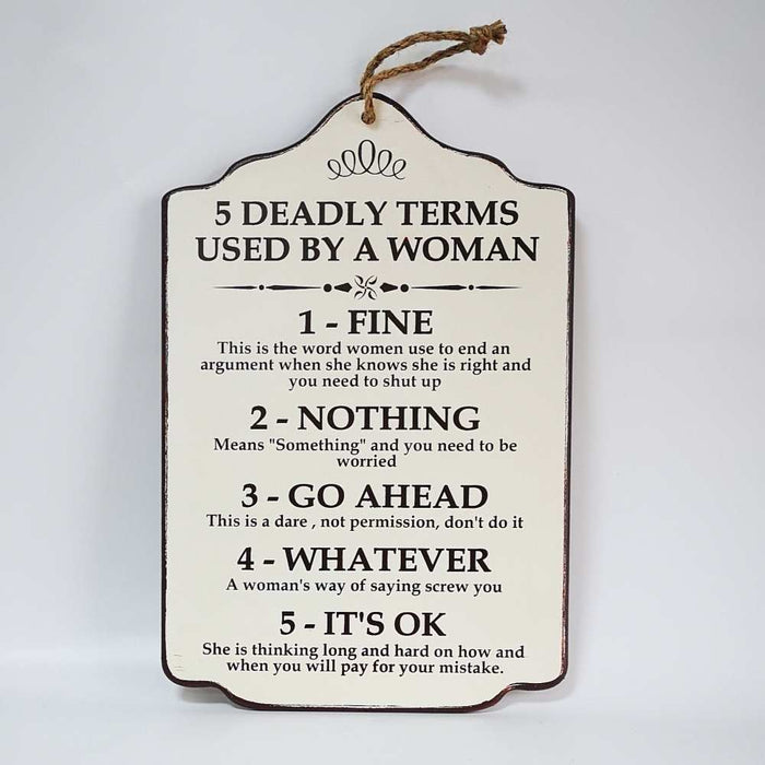 5 Deadly Terms used by Woman, decorative timber wall plaque