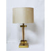 Jane glass cylinder bronze-gold table lamp featuring a square base, a sturdy glass cylinder above and an elegant drum shade in softest gold
