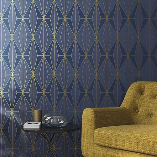 Solid navy and blue background wallpaper with contrastingly gold coloured lattice patterning