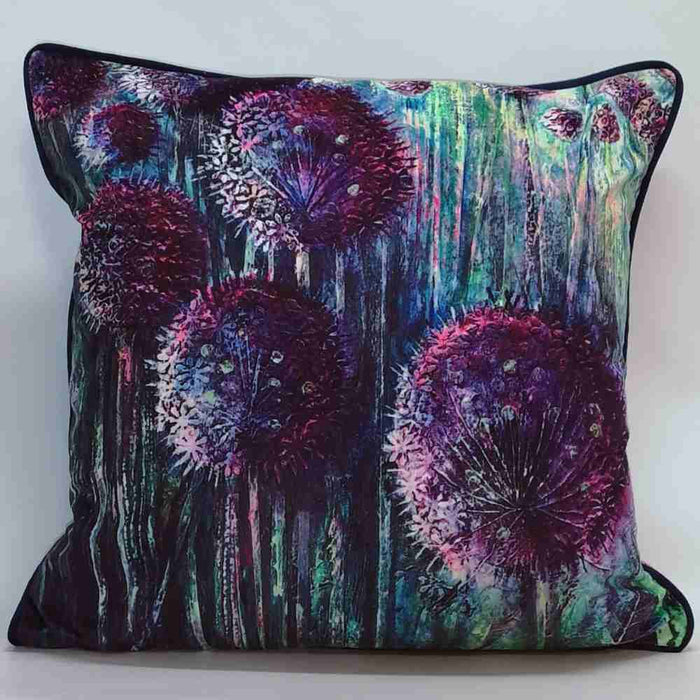 Juniper Allium colourful velvet print cushion with a purple allium flower illustration