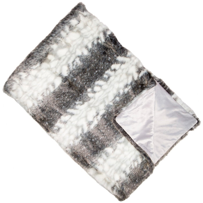 Sumptuous faux Arcticfur throw in a grey/brown pattern, lined with a luxurious satin