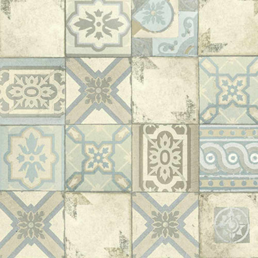 Beige tile effect wallpaper with blue tones