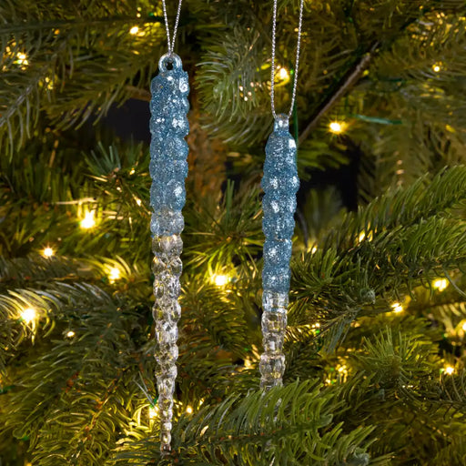 Blue Mist Glitter Icicles Christmas Tree Decorations Set of 2