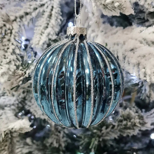 Blue/Silver Ribbed Glass Bauble