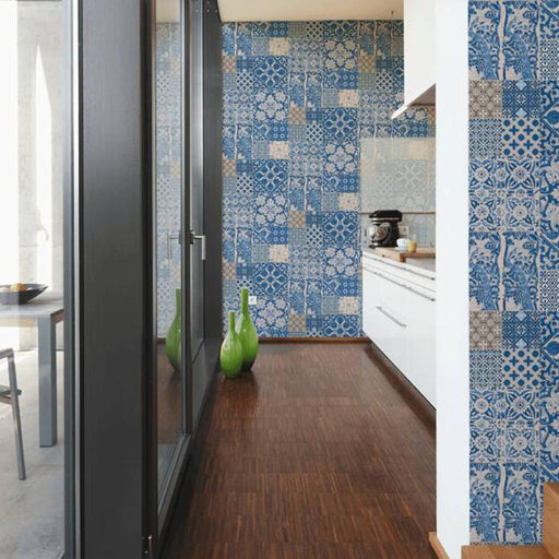 Kitchen with blue baroque tile effect wallpaper