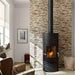 Stove in a living room with brick effect wallpaper