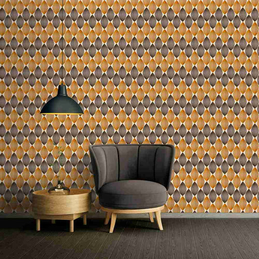 Living room with brown and rose gold geometric motif wallpaper on a neutral background