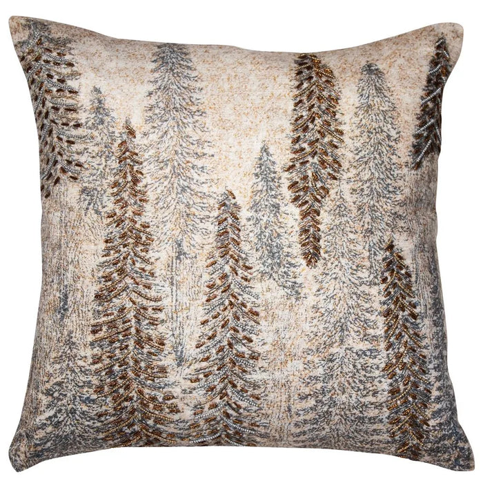 A tree setting printed cushion with beaded copper trees with a luxurious feather filling