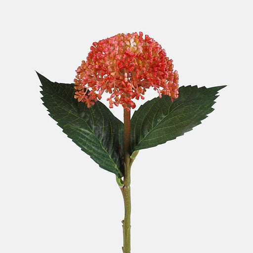 Artificial coral hydrangea seeds on stem with green leaves