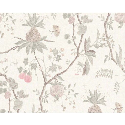 Floral and fauna pattern wallpaper on a neutral beige background