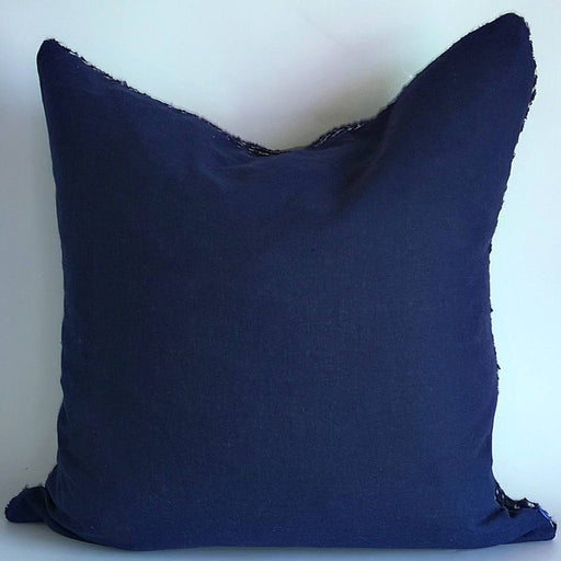 Diag navy wool like cushion with diagonal navy and white stripes finished with a plain faux linen navy reverse
