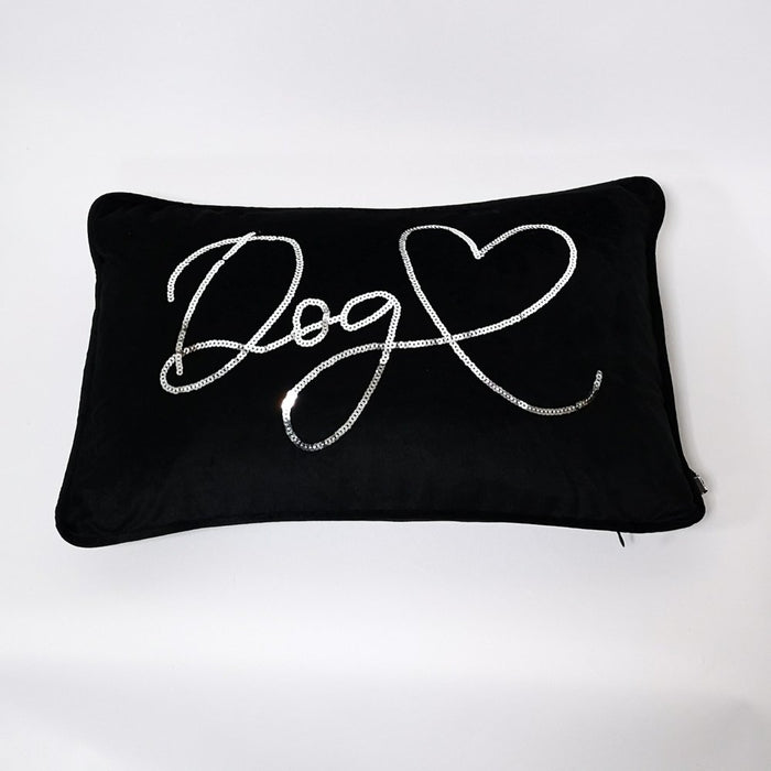 Dog Quilt rectangular black plain velvet cushion with sequin writing (DOG) finished with black velvet piping
