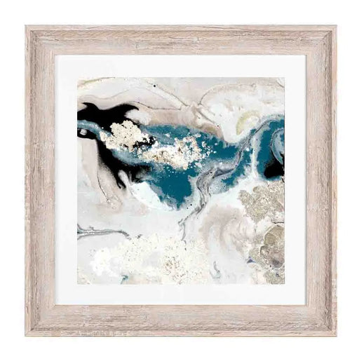 A marbled print of blues, creams and gold in an antique white frame