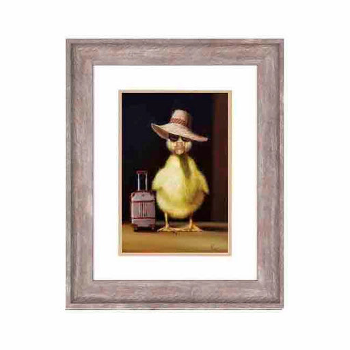 A yellow duckling tourist print in an antique white frame