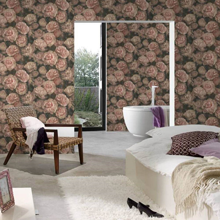 Bedroom with Delicate yet vibrant flower pattern wallpaper with white and pink tones