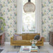 Living room with watercolour flower pattern wallpaper