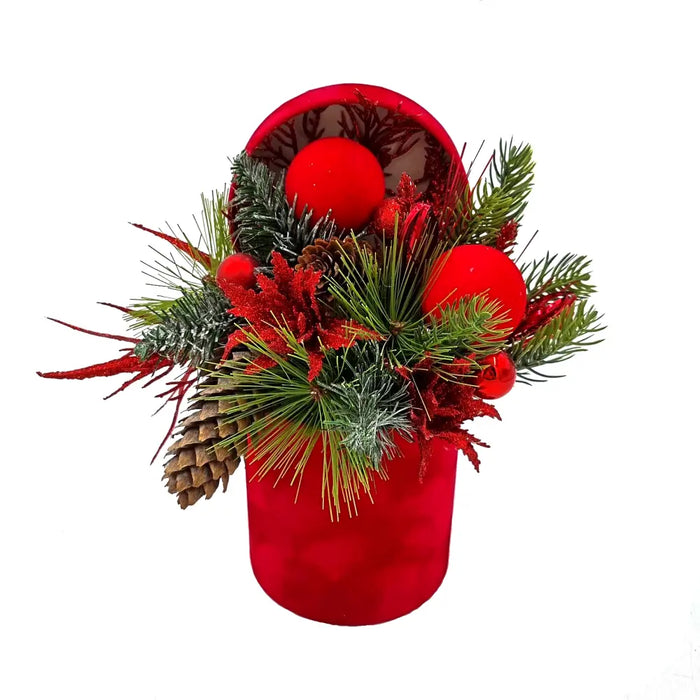 Red festive flower arrangement in a red Christmas box