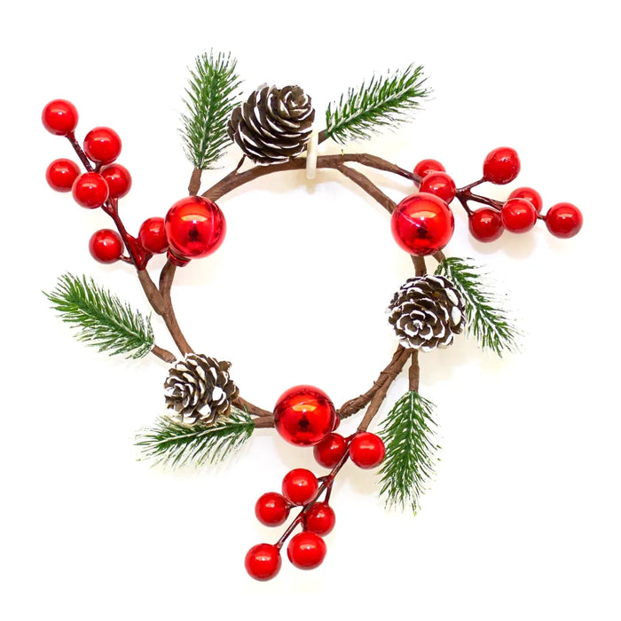 Frosted Bauble, Berries and Pinecones Candle Ring