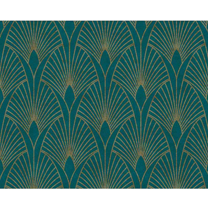Gold geometric pattern on teal background wallpaper with a textured matt finish