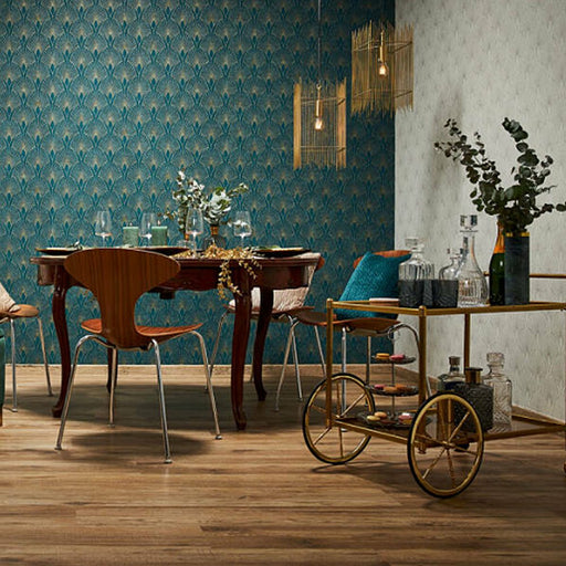 Gold geometric pattern on teal background wallpaper with a textured matt finish in a dining room