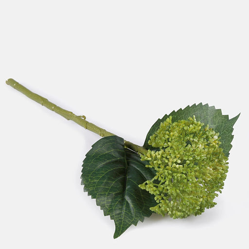 Artificial green hydrangea seeds on stem with green leaves