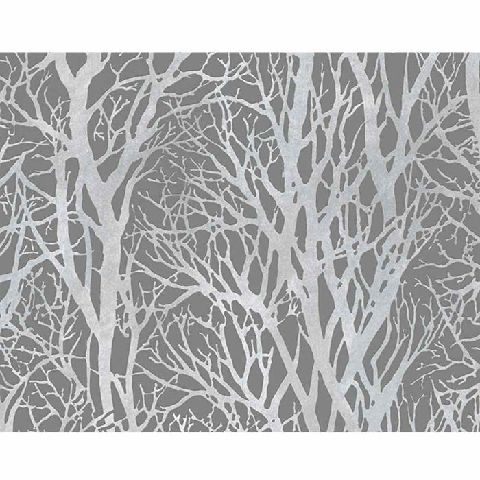 A contemporary embossed matt grey foliage pattern wallpaper on a satin silver background