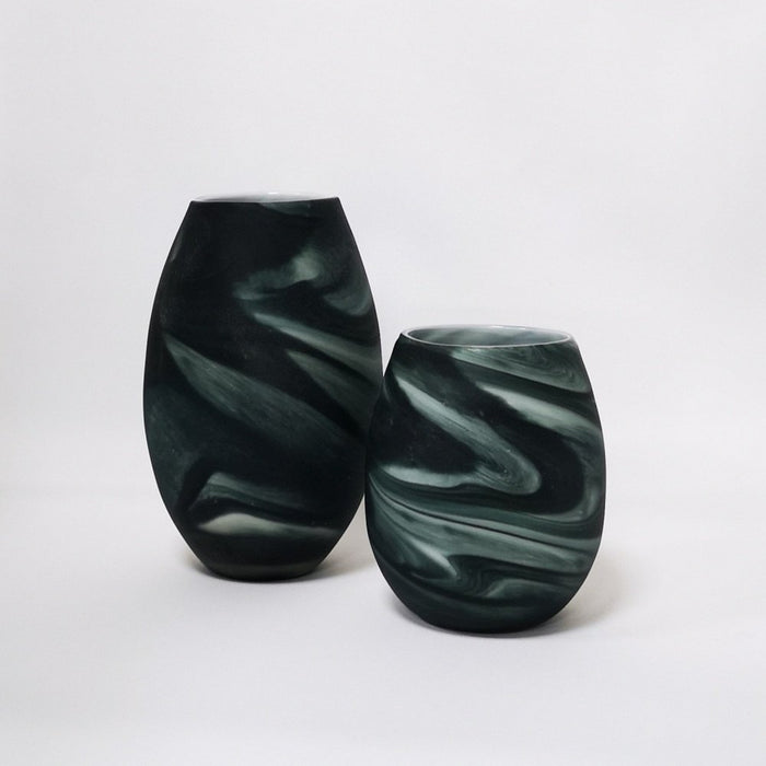 HUBSCH set of 2 glass marble art white and green vases