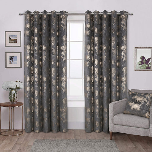 Hazel carbon grey and gold leaf patterned readymade blackout eyelet curtains